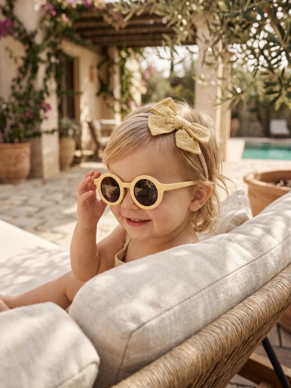 Toddler Mustard Yellow Embroidered Bow Headband & Round Retro Sunglasses Set